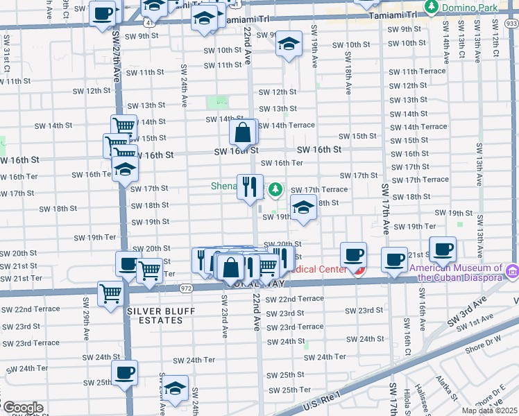 map of restaurants, bars, coffee shops, grocery stores, and more near 1805 Southwest 22nd Avenue in Miami