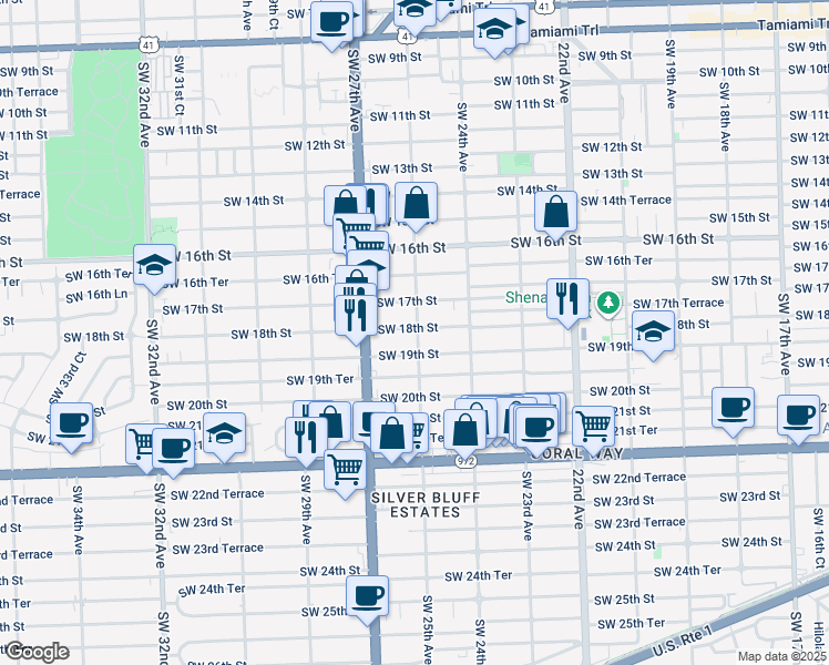 map of restaurants, bars, coffee shops, grocery stores, and more near 2500 Southwest 18th Street in Miami