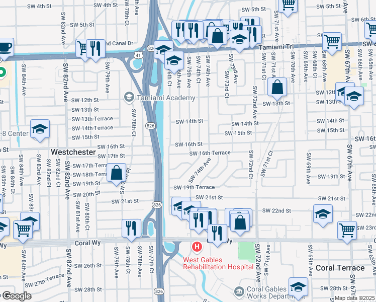 map of restaurants, bars, coffee shops, grocery stores, and more near 7501 Southwest 16th Terrace in Miami