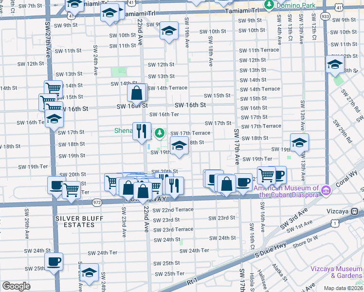 map of restaurants, bars, coffee shops, grocery stores, and more near 1936 Southwest 18th Street in Miami