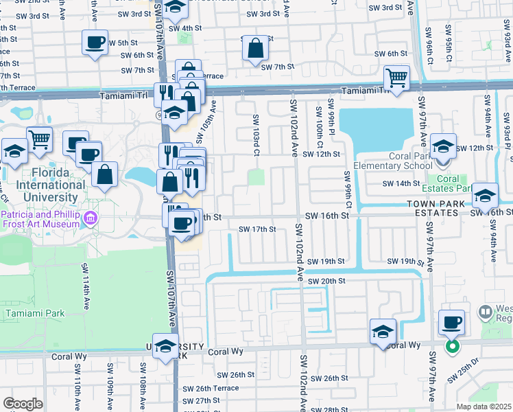 map of restaurants, bars, coffee shops, grocery stores, and more near 1518 Southwest 103rd Avenue in Miami