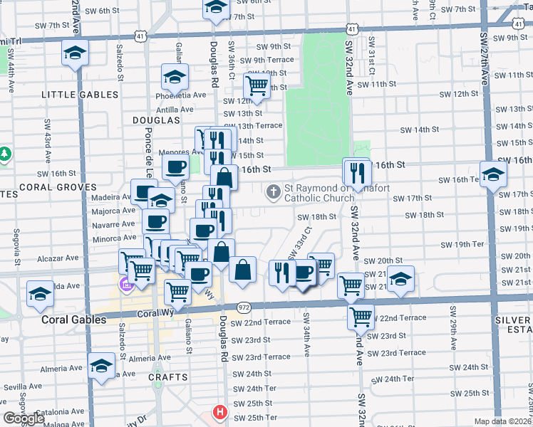 map of restaurants, bars, coffee shops, grocery stores, and more near 3524 Southwest 17th Street in Miami