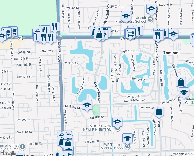 map of restaurants, bars, coffee shops, grocery stores, and more near 1218 Southwest 131st Place Circle East in Miami