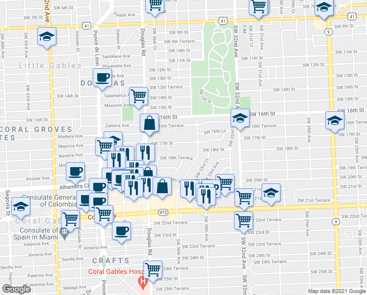 map of restaurants, bars, coffee shops, grocery stores, and more near 3524 Southwest 17th Street in Miami