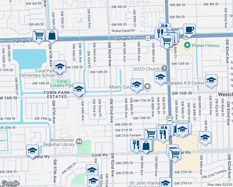 map of restaurants, bars, coffee shops, grocery stores, and more near 9035 Southwest 16th Street in Miami
