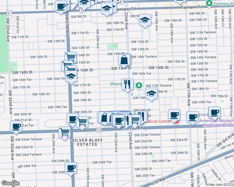 map of restaurants, bars, coffee shops, grocery stores, and more near 2284 Southwest 18th Street in Miami