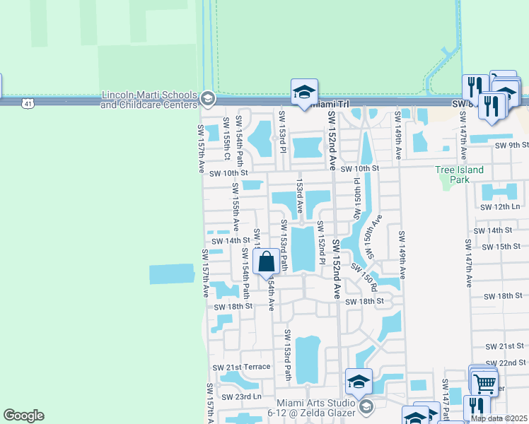 map of restaurants, bars, coffee shops, grocery stores, and more near 1236 Southwest 154th Avenue in Miami