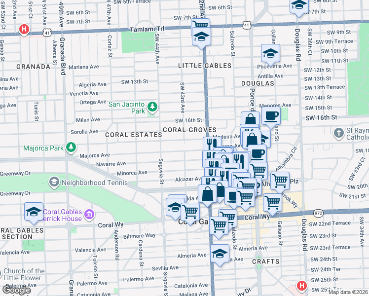map of restaurants, bars, coffee shops, grocery stores, and more near 451 Majorca Avenue in Coral Gables