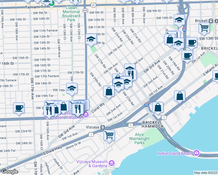map of restaurants, bars, coffee shops, grocery stores, and more near 350 Southwest 28th Road in Miami