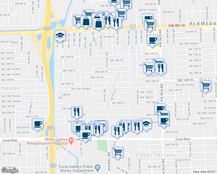 map of restaurants, bars, coffee shops, grocery stores, and more near 1630 SW 71st Pl in Miami
