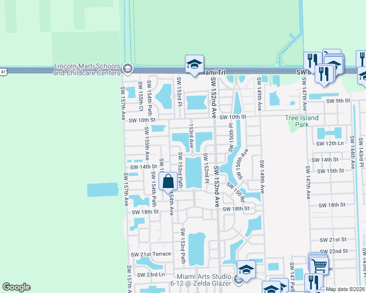 map of restaurants, bars, coffee shops, grocery stores, and more near 1231 SW 153rd Path in Miami