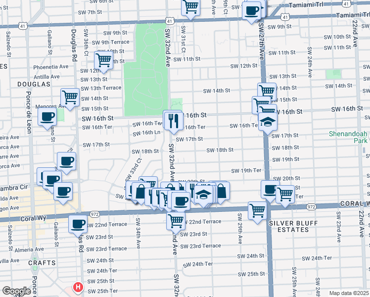 map of restaurants, bars, coffee shops, grocery stores, and more near 3143 Southwest 18th Street in Miami