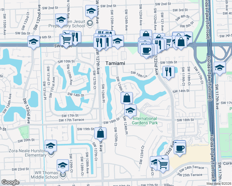 map of restaurants, bars, coffee shops, grocery stores, and more near 1317 Southwest 125th Court in Miami