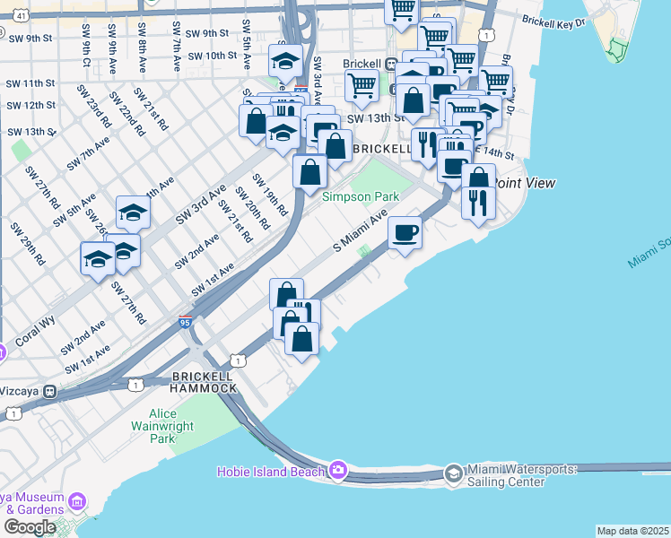 map of restaurants, bars, coffee shops, grocery stores, and more near 1880 Brickell Avenue in Miami