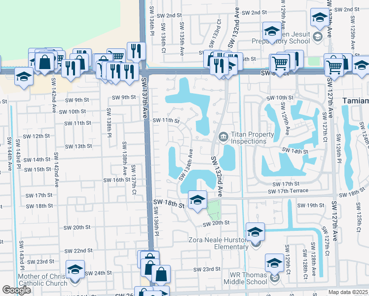 map of restaurants, bars, coffee shops, grocery stores, and more near 13436 Southwest 13th Lane in Miami