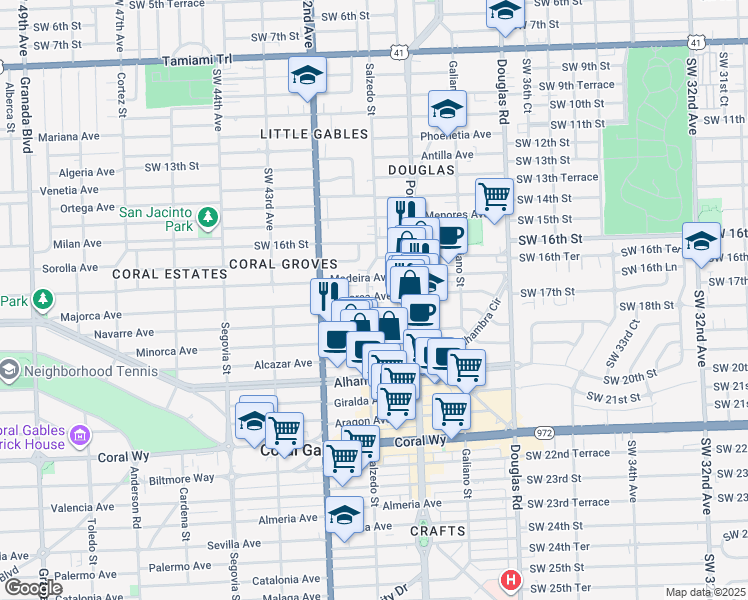 map of restaurants, bars, coffee shops, grocery stores, and more near 238 Majorca Avenue in Coral Gables