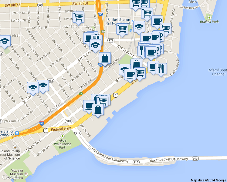 map of restaurants, bars, coffee shops, grocery stores, and more near 1880 Brickell Avenue in Miami