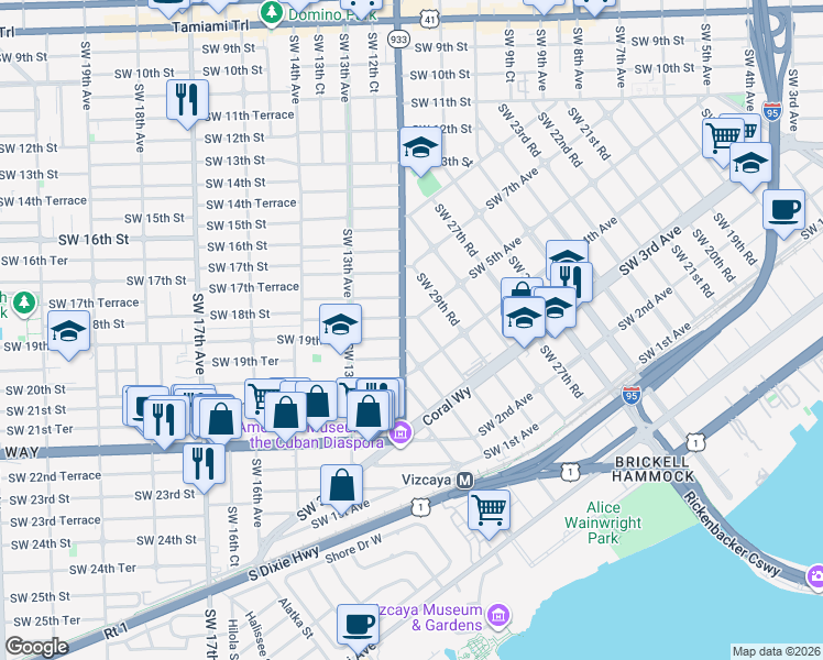 map of restaurants, bars, coffee shops, grocery stores, and more near 1825 Southwest 12th Avenue in Miami