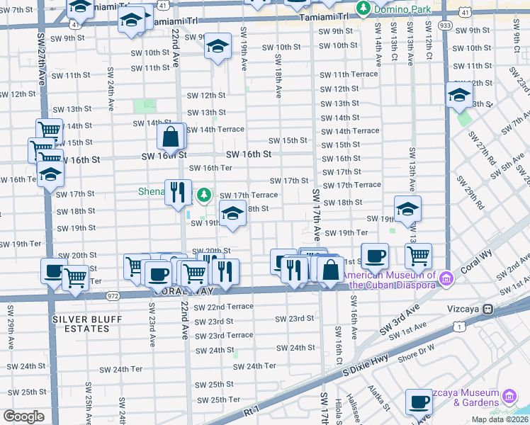 map of restaurants, bars, coffee shops, grocery stores, and more near 1801 Southwest 19th Avenue in Miami