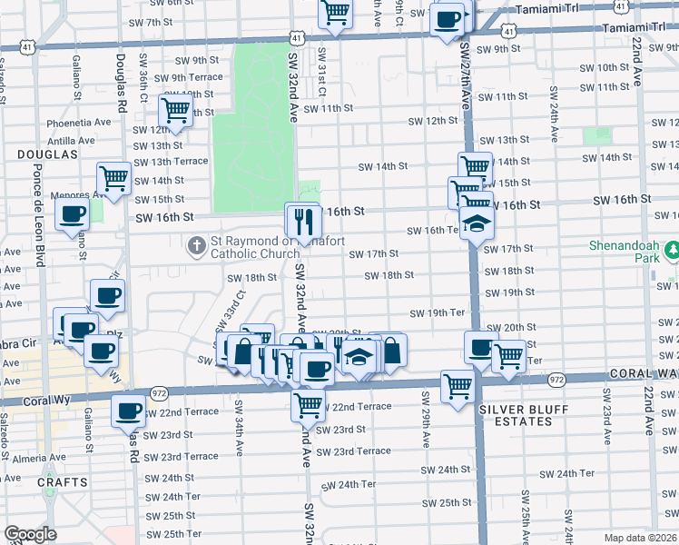 map of restaurants, bars, coffee shops, grocery stores, and more near 3143 Southwest 18th Street in Miami