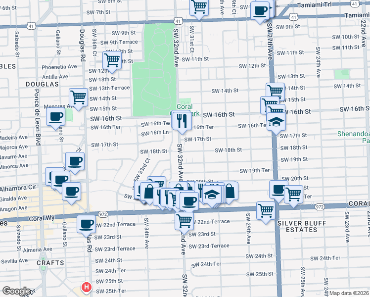 map of restaurants, bars, coffee shops, grocery stores, and more near 3143 Southwest 18th Street in Miami