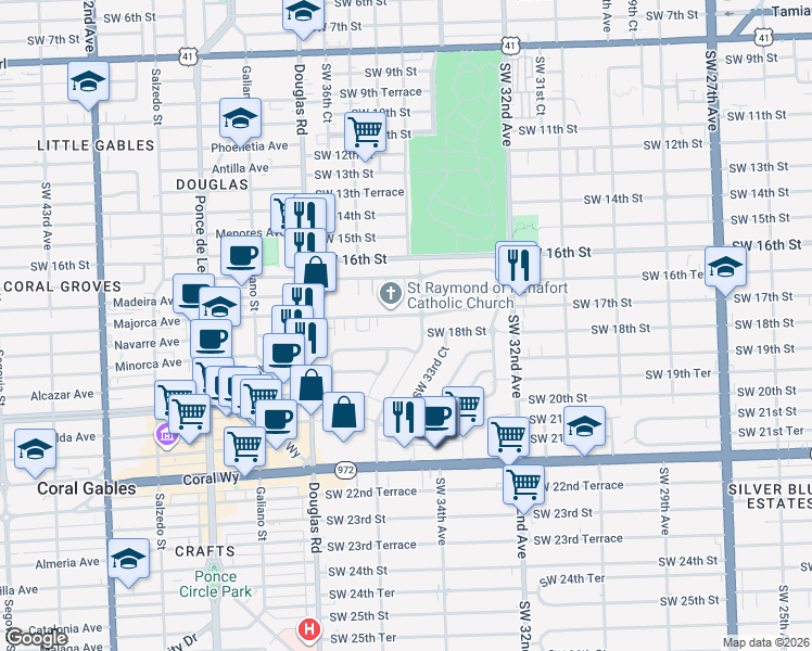 map of restaurants, bars, coffee shops, grocery stores, and more near 3524 Southwest 17th Street in Miami
