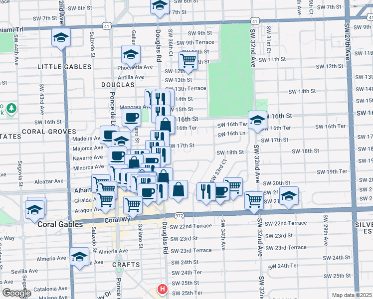 map of restaurants, bars, coffee shops, grocery stores, and more near 1720 Southwest 36th Avenue in Miami