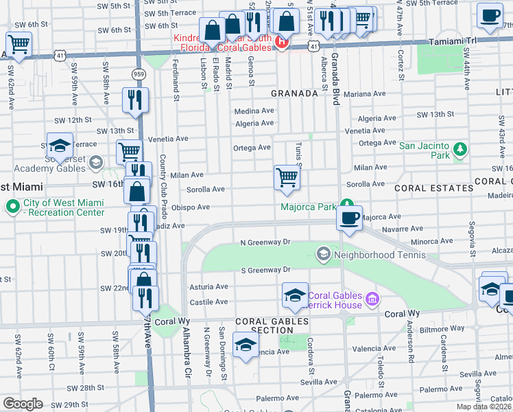 map of restaurants, bars, coffee shops, grocery stores, and more near 1212 Obispo Avenue in Coral Gables