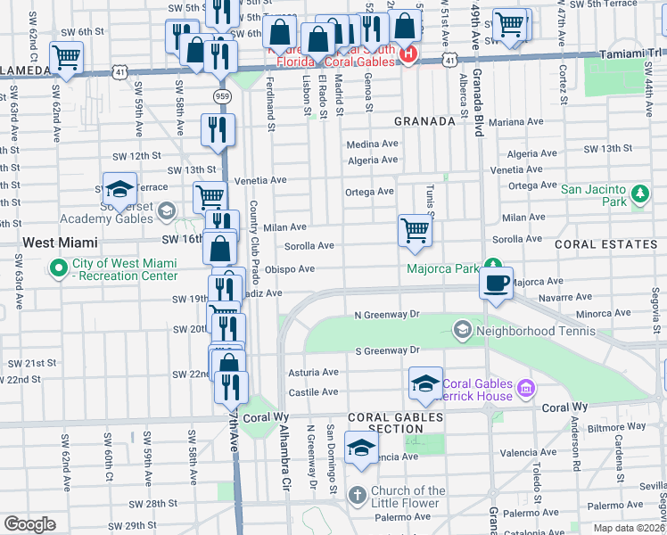 map of restaurants, bars, coffee shops, grocery stores, and more near 1325 Obispo Avenue in Coral Gables