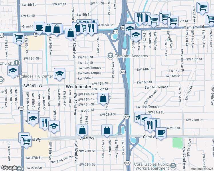 map of restaurants, bars, coffee shops, grocery stores, and more near 7870 Southwest 16th Street in Miami