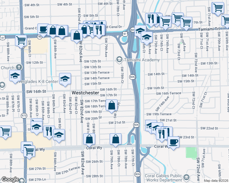 map of restaurants, bars, coffee shops, grocery stores, and more near 7870 Southwest 16th Street in Miami
