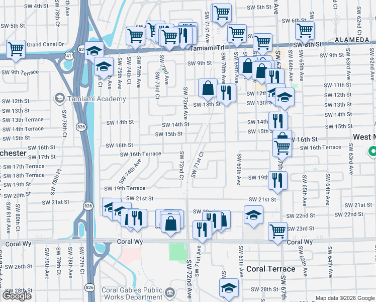 map of restaurants, bars, coffee shops, grocery stores, and more near 1630 Southwest 71st Place in Miami
