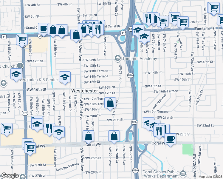 map of restaurants, bars, coffee shops, grocery stores, and more near 7870 SW 16th St in Miami