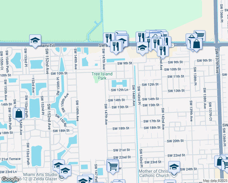 map of restaurants, bars, coffee shops, grocery stores, and more near 14602 Southwest 12th Lane in Miami