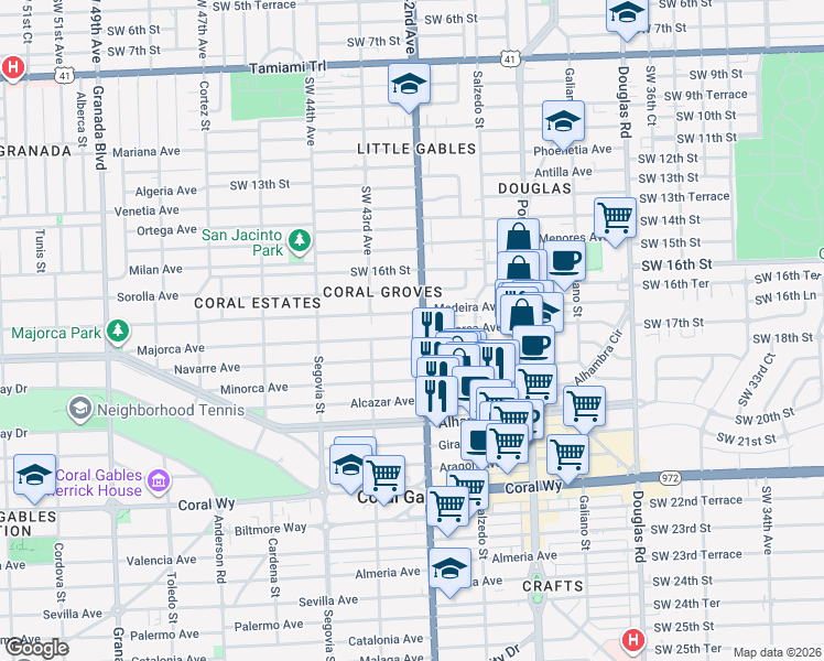 map of restaurants, bars, coffee shops, grocery stores, and more near 411 Majorca Avenue in Coral Gables