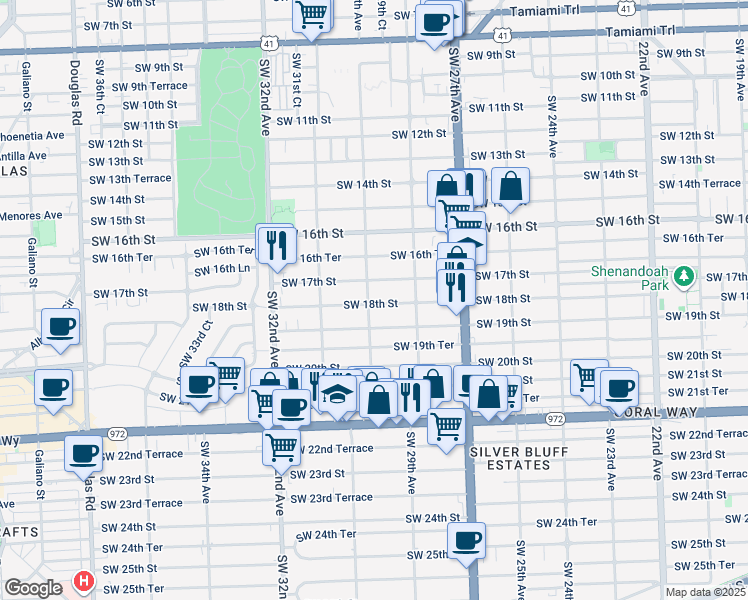 map of restaurants, bars, coffee shops, grocery stores, and more near 2985 Southwest 18th Street in Miami