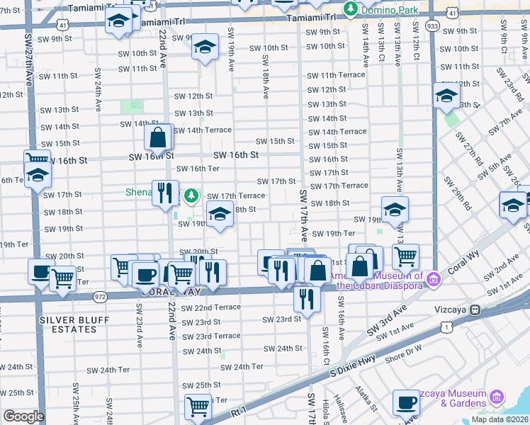 map of restaurants, bars, coffee shops, grocery stores, and more near 1810 Southwest 18th Street in Miami