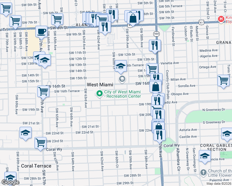 map of restaurants, bars, coffee shops, grocery stores, and more near 6041 Southwest 17th Street in Miami