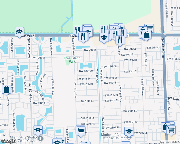 map of restaurants, bars, coffee shops, grocery stores, and more near 14450 Southwest 12th Lane in Miami