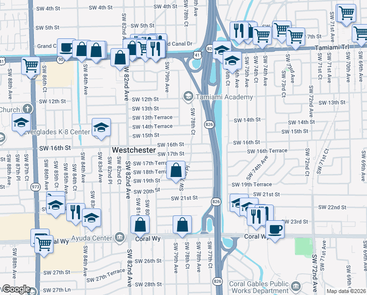 map of restaurants, bars, coffee shops, grocery stores, and more near 7870 Southwest 16th Street in Miami