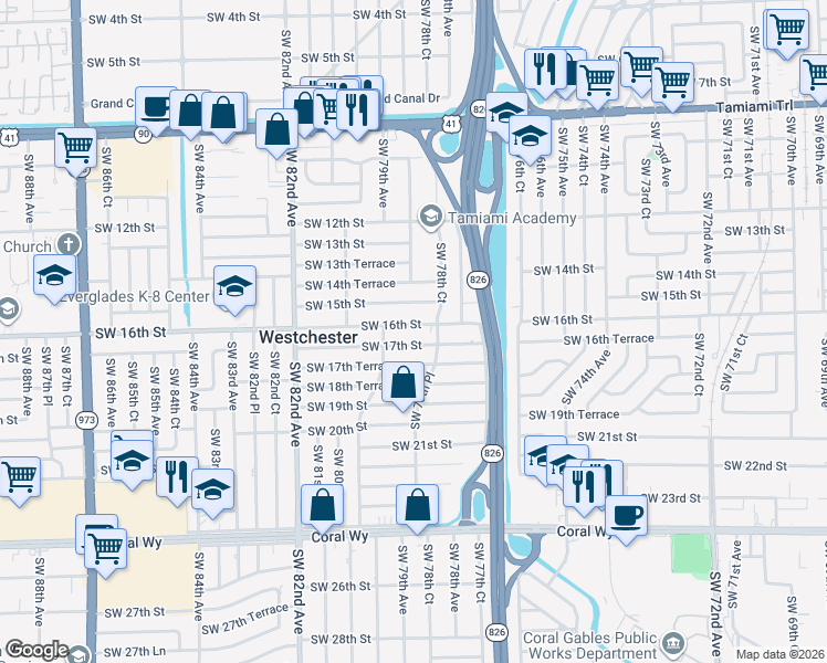 map of restaurants, bars, coffee shops, grocery stores, and more near 7870 Southwest 16th Street in Miami