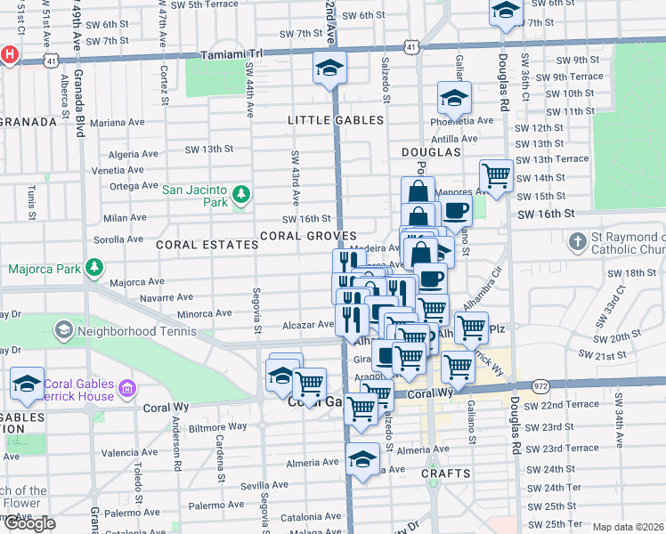 map of restaurants, bars, coffee shops, grocery stores, and more near 411 Majorca Avenue in Coral Gables