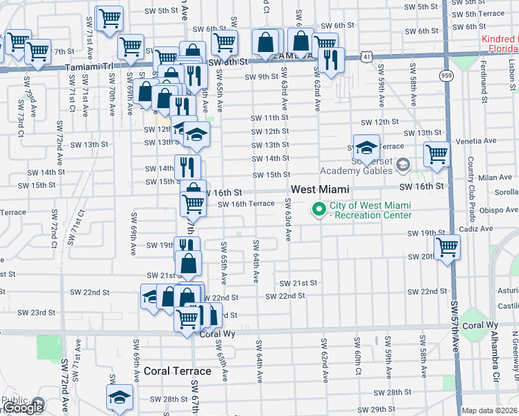 map of restaurants, bars, coffee shops, grocery stores, and more near 6370 Southwest 16th Terrace in Miami