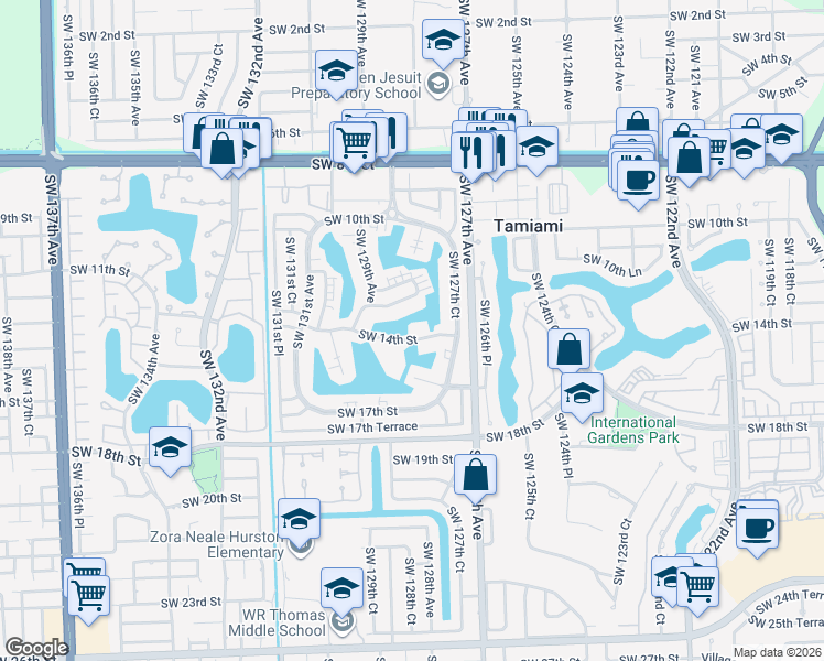 map of restaurants, bars, coffee shops, grocery stores, and more near 12807 Southwest 14th Street in Miami