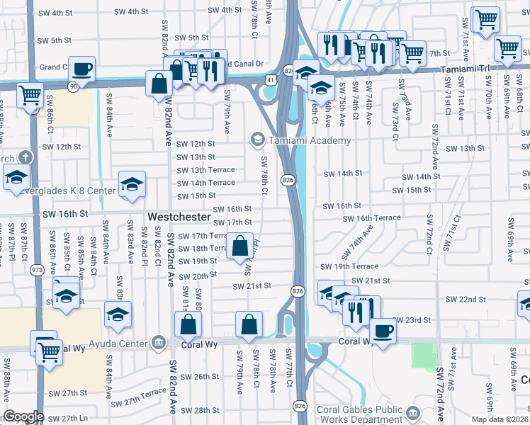 map of restaurants, bars, coffee shops, grocery stores, and more near 7760 Southwest 16th Street in Miami