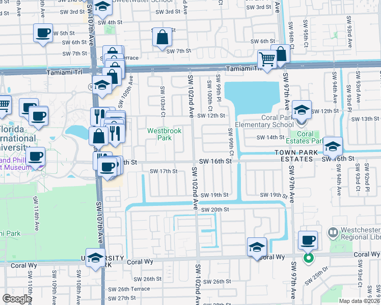 map of restaurants, bars, coffee shops, grocery stores, and more near 10260 Southwest 15th Terrace in Miami