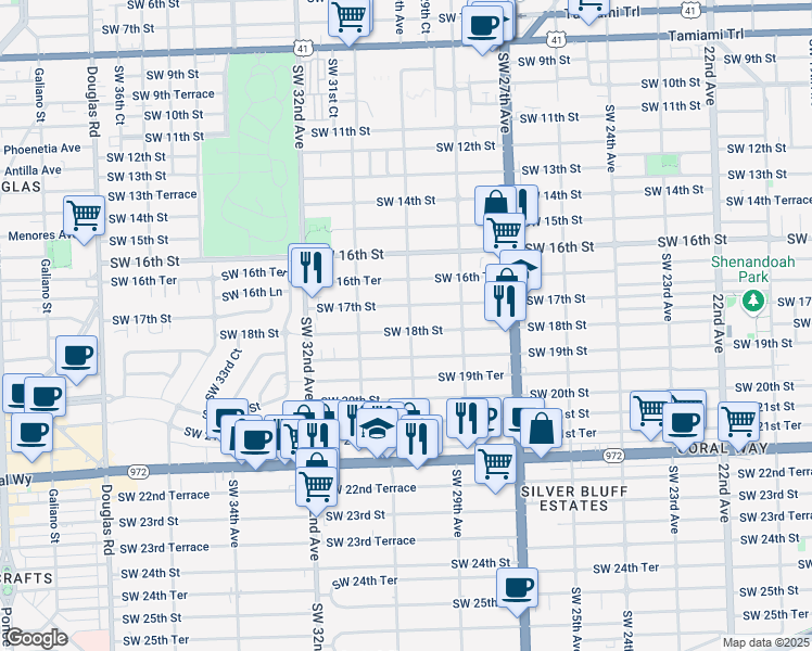 map of restaurants, bars, coffee shops, grocery stores, and more near 3001 Southwest 18th Street in Miami
