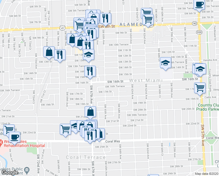 map of restaurants, bars, coffee shops, grocery stores, and more near 6460 Southwest 16th Terrace in Miami