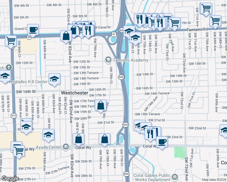 map of restaurants, bars, coffee shops, grocery stores, and more near 7760 Southwest 16th Street in Miami