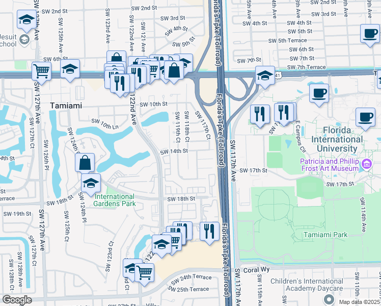 map of restaurants, bars, coffee shops, grocery stores, and more near 1401 Southwest 118th Court in Miami
